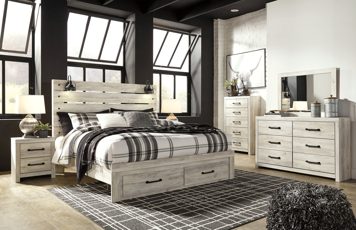 Cambeck  Panel Bed With 2 Storage Drawers With Mirrored Dresser, Chest And Nightstand