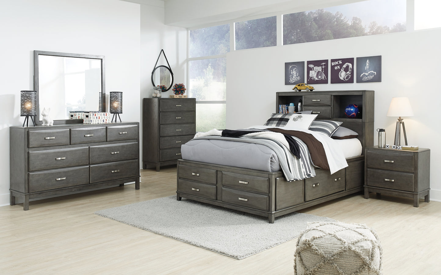 Caitbrook  Storage Bed With 8 Storage Drawers With Mirrored Dresser, Chest And Nightstand