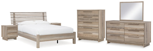 Hasbrick Queen Panel Bed with Mirrored Dresser, Chest and 2 Nightstands