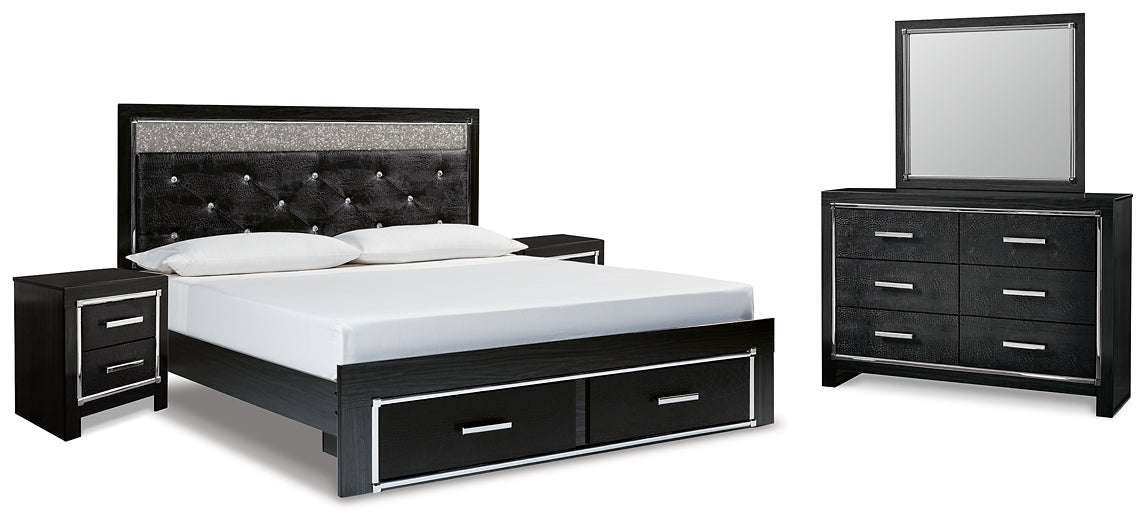 Kaydell King Upholstered Panel Storage Platform Bed with Mirrored Dresser and 2 Nightstands