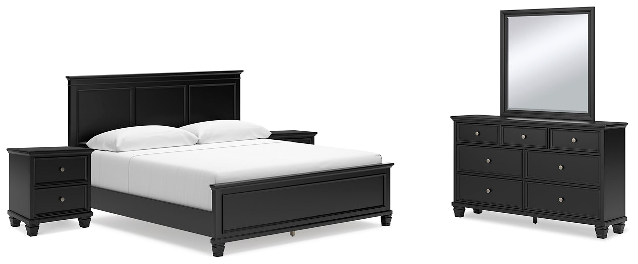 Lanolee King Panel Bed with Mirrored Dresser and 2 Nightstands